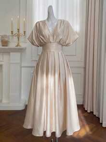 SHEIN MOD Plus Size Solid Color V-Neck Ruched Waist Elegant Satin Dress Summer Dress Wedding Guest Dress For Women Birthday Dresses For Women Elegant Dresses For Women Elegant Commuter Dress Satin Midi Dress Elegant Midi Dress Champagne Women Dresses Tea Length Dress Silk Dresses,Valentine's Day Dress