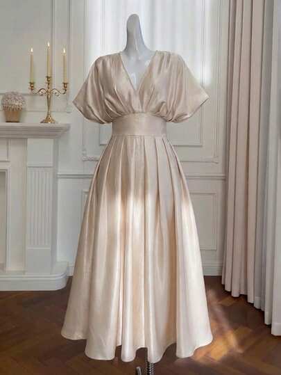 SHEIN MOD Plus Size Solid Color V-Neck Ruched Waist Elegant Satin Dress Summer Dress Wedding Guest Dress For Women Birthday Dresses For Women Elegant Dresses For Women Elegant Commuter Dress Satin Midi Dress Elegant Midi Dress Champagne Women Dresses Tea Length Dress Silk Dresses,Valentine's Day Dress
