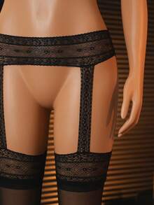 ChaseTheNight Black Lace Suspender Stockings, Creates Alluring Nighttime Ambiance, Unique Party Outfit - Black - View 7