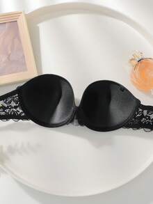 1pc Lace Patchwork Bustier Bra With Underwire - Black - View 4