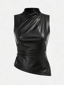 BizChic 2025 Autumn/Winter New Black PU Fabric Asymmetric Hem Off-Shoulder Ruched Waist Women's Top, Retro Chic Elegant Urban Commute Everyday Casual Romantic 90s Christmas New Year Outfit, Thanksgiving Party Dress, Beach Holiday, Graduation, Fashion, Suitable For Wedding Guest, Host, Date, Party, Concert, Brunch, Airport, Multi-Occasion - Black - View 5