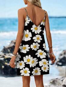 SHEIN LUNE Vestido corto de mujer con cuello en V y estampado de margaritas, conjunto de ropa de playa para mujer, atuendos de verano para mujer, vestido floral para mujer, vestidos de verano para vacaciones, atuendos de vacaciones para mujer, casual - Blanco y Negro - Ver 2