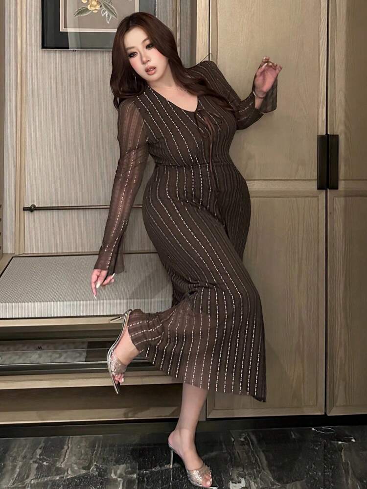 Dazy Plus V-Neck Wrap Rhinestone Striped Mesh Elegant Plus Size Women Dress, Spring/Summer Maxi Dress Sundress