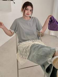 Dazy Plus 大码蕾丝透视星形图案百搭A字裙 夏季 - 米色 - 查看 4