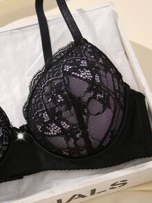 DesireSculpt 1pc Sexy Lace Simple Gather Small Bust Enhancing Underwire Bra - Multicolor - View 4