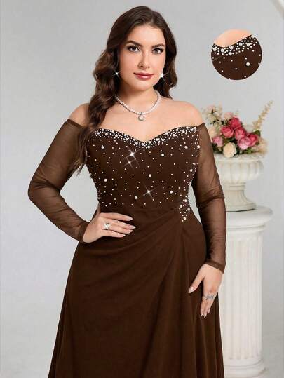 Coutiva Plus Size Off Shoulder Mesh Patchwork Beaded Formal Evening Gown Chocolate Evening Gown Brown Dresses Classy Elegant Brown Wedding Guest Dress Plus Size Evening Gown Chocolate Brown Dress Brown Dress Plus Size Valentines Dress Elegant Dress Sequin Dress Floral Dress  Graduation Ceremony, School Opening, Music Festival, Birthday Party, Wedding, Afternoon Tea Gathering, Ball