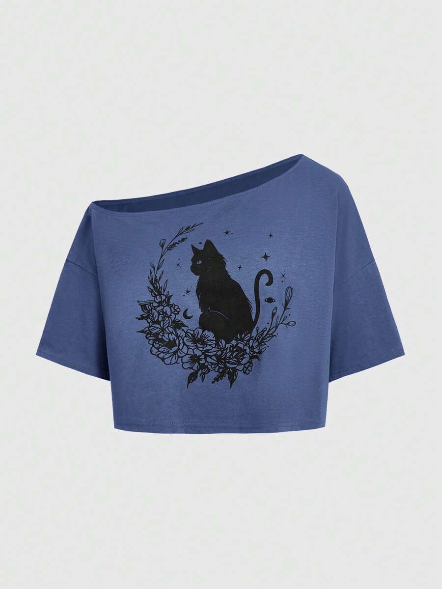 ROMWE Fairycore Áo thun nữ dáng ngắn cổ lệch in hình mèo, thích hợp mặc mùa hè. - Màu xanh hải quân - Xem 1