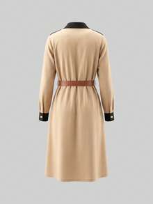 GlowEve Vestido elegante de oficina con bloqueo de color y botones delanteros - Caqui - Ver 2