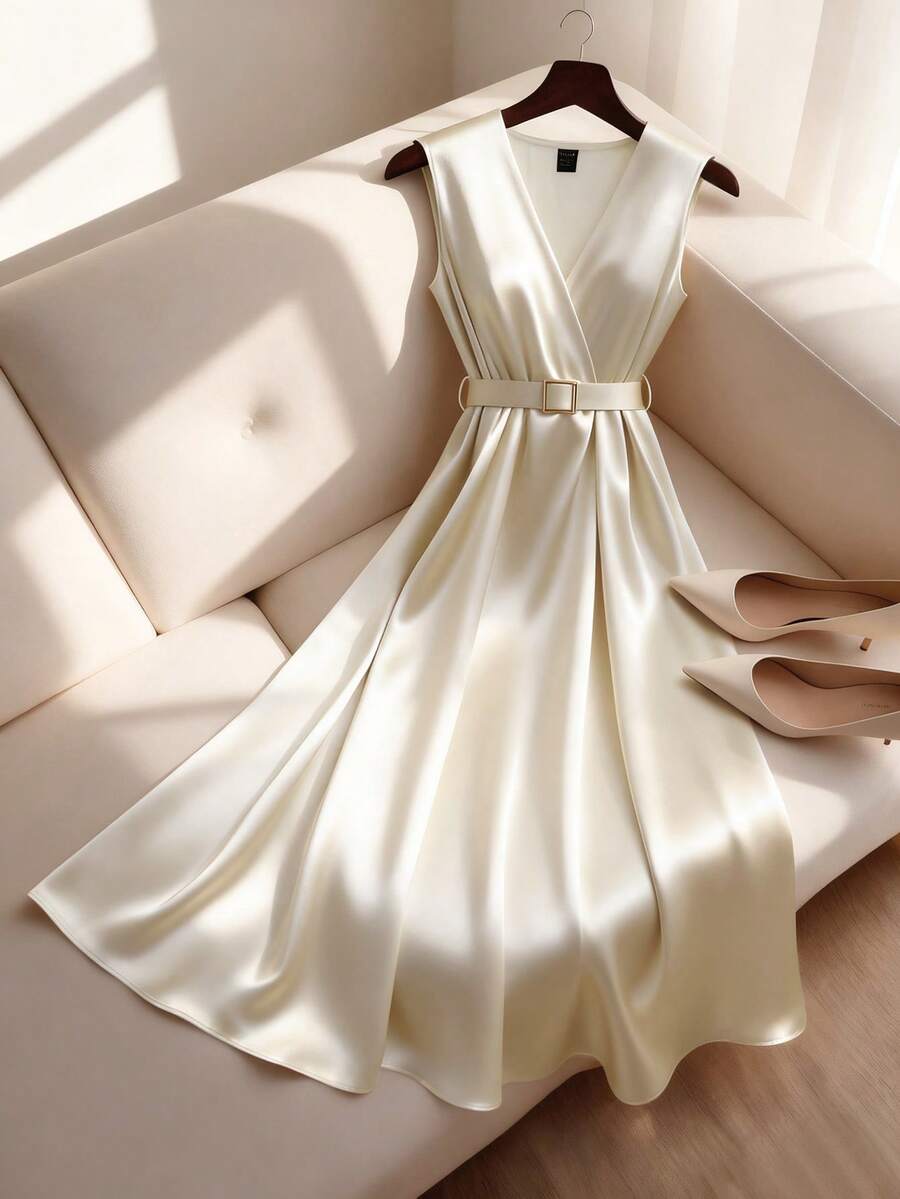 GlowEve Chân váy satin không tay, dài đến đầu gối, trang trí bằng thắt lưng khóa kim loại. - Màu be - Xem 1