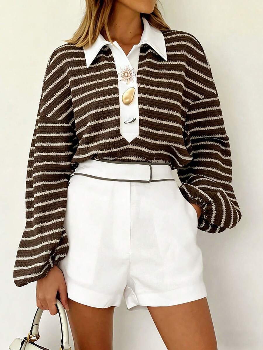 Selianne Brown Striped Long-Sleeve Sweatshirt/T-Shirt Top With Metal Buckle Accents - Fashionable Casual For Daily Outings, Christmas & New Year, Women's Autumn & Winter Wear - Brown - View 1