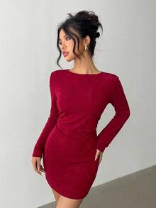 Aloruh Robe mini moulante dos nu à manches évasées, couleur unie, pour femme - Rouge foncé - Voir 6