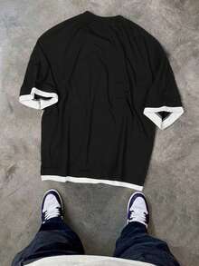 Manfinity Men's Casual Loose Fit Contrast Color Round Neck Short Sleeve T-Shirt - Black - View 2