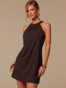 COSMINA Đầm ngắn không tay ôm sát, thanh lịch dành cho nữ, đính ngọc trai, đa năng cho đi làm, công sở, du lịch, phong cách boho, đi biển, đám cưới, hẹn hò, mùa xuân. - màu nâu - Xem 5