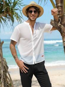 HIMLAND Bộ áo sơ mi tay ngắn cài nút thường ngày và quần dài cho nam - trắng - Xem 5