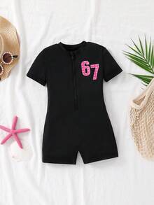 SHEIN Young Girl Solid Color Knit Mock Neck Half-Zip Fitted Casual Jumpsuit Activewear,Kids - Black - View 2