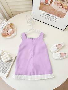 Cute & Elegant Baby Girl Summer Dress,White Colorblock Bow Tie Decor Purple Lavender Lilac Birthday Dress,Spaghetti Strap Birthday Outfit For Baby - Purple - View 7