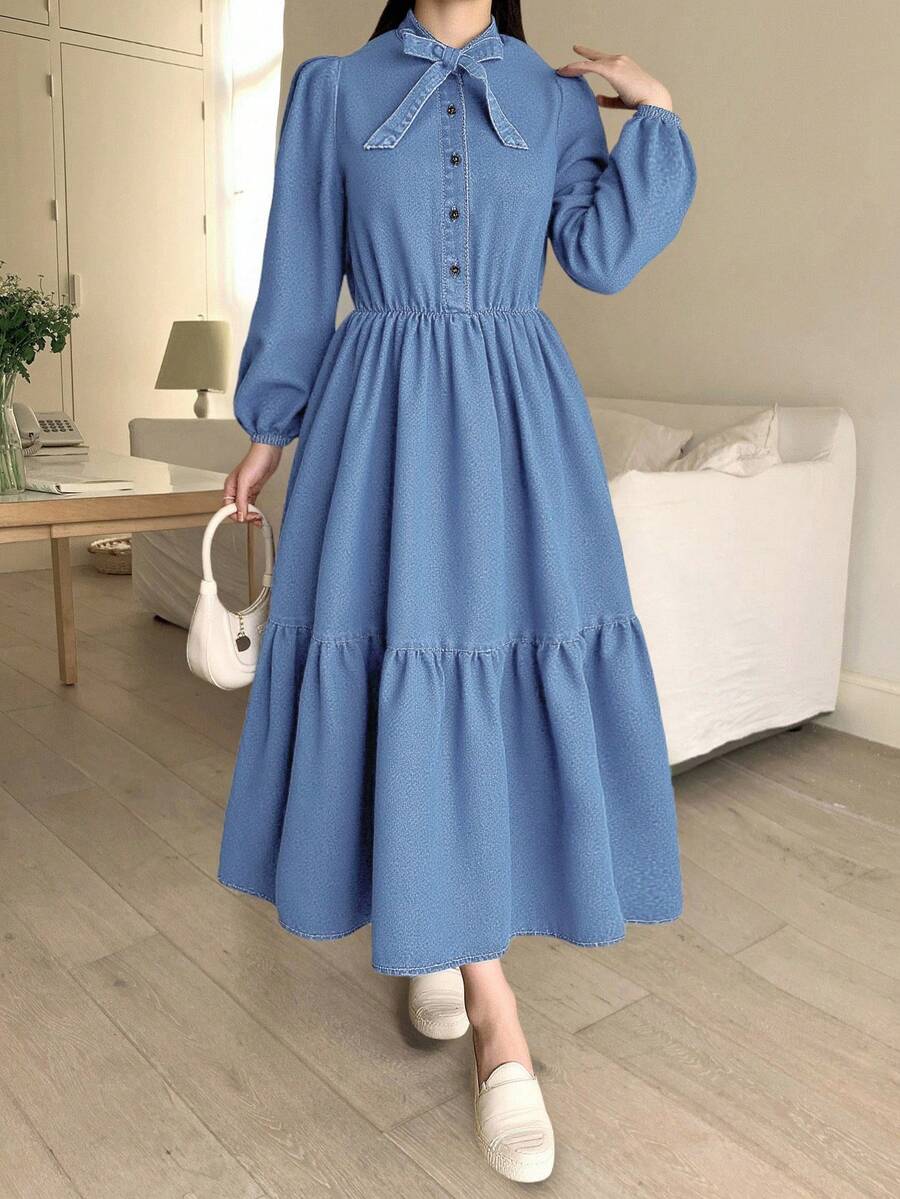 Teen GirlBlue Denim Ruffle Collar Puff Sleeve Dress,Kids - Light Wash - View 1