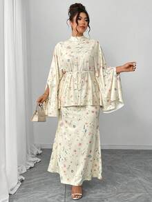 Elenzga Bộ đồ 2 mảnh cỡ lớn dành cho nữ: Áo kiểu dáng rộng rãi cổ tròn dáng chữ A tay cánh dơi họa tiết hoa nhí màu mơ và chân váy đuôi cá cạp chun co giãn kèm thắt lưng, thanh lịch và thời trang cho các bữa tiệc, tiệc trà chiều, đi làm, phù hợp với phong cách Trung Đông và Âu Mỹ. - Nhiều màu - Xem 3