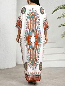 SHEIN Lady 女士印花V领七分袖宽松连衣裙，度假风 - 彩色 - 查看 2