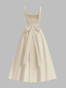 SHEIN MOD Đầm voan dài ngang gối màu trắng hở lưng kiểu cổ điển dành cho nữ cỡ lớn, đính pha lê, thanh lịch, thích hợp cho tiệc tùng, dạ hội, lễ hội âm nhạc, họp mặt bạn bè, ngày lễ. - Màu Khaki - Xem 2