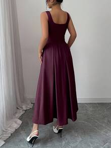 Rafferiza Conjunto de 2 piezas de mujer con chaleco sin mangas de cuello cuadrado de un solo botonadura y falda plisada acampanada, versátil para uso diario - Rojo violeta - Ver 2