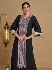 Al Najma Women's New Style Embroidery Pattern Print Gold Sequin Lace Applique Ribbon Decor 3/4 Sleeve V-Neck Tassel Cutout Tunic Top, Black, Spring/Summer - Black - View 6