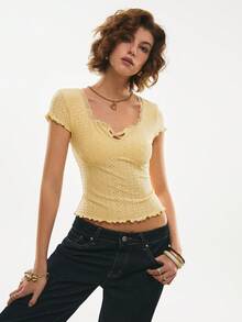 Poéselle 女士休闲T恤，弹力针织面料，浪漫蕾丝领，镂空刺绣，荷叶边袖口下摆，日常及约会必备，情人节佳选，春夏皆宜，黄色夏季上衣 - 黃色 - 查看 4