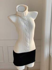 Comfortcana Women's Contrast Color Twist Knit Halter Neck Dress, Autumn/Winter - White - View 5