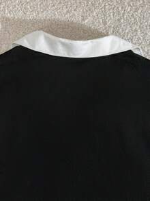 Teen Girl Casual Everyday Work Commute Contrast V-Neck Embroidered Long Sleeve Pleated Slim Fit T-Shirt And Drawstring Waist Wide Leg Pants Set, Spring/Autumn - Black - View 4