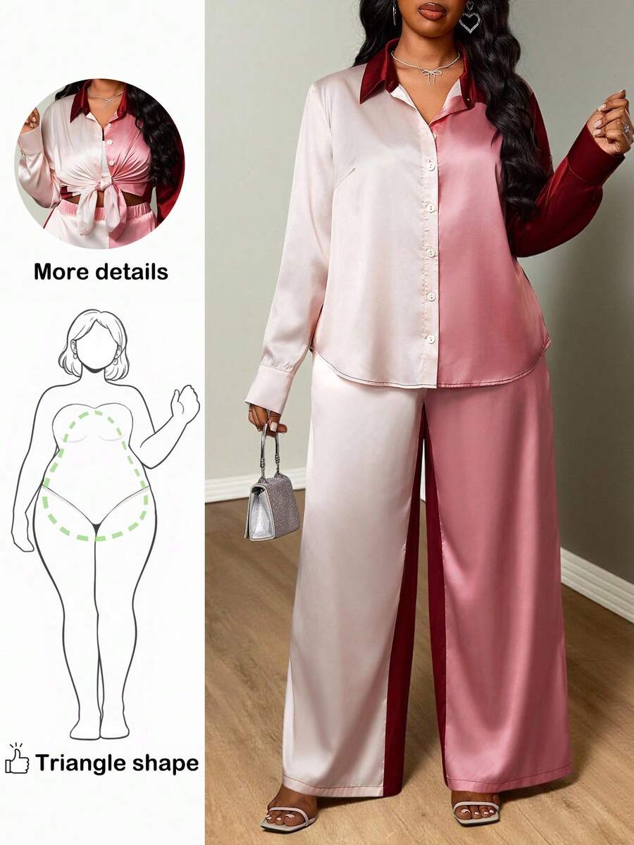 Truni Plus Size Women's Contrast Color Loose Long Sleeve Shirt And Pants Set, With Pocket And Button Details, Suitable For Dates, Parties, Commuting, Pear-Shaped Figure Blouse And Pants Set Pant Suit Set Plus, For Pear Triangle Body Shape - Multicolor - View 1