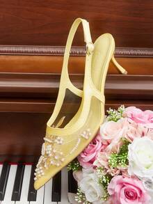 CUCCOO HITCHD 女士时尚优雅派对串珠刺绣网纱尖头高跟鞋 - 黃色 - 查看 8