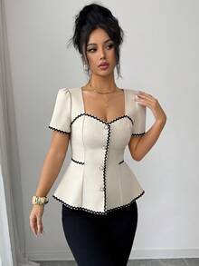 Rafferiza 优雅收腰领口、门襟、下摆撞色波浪边饰女士春夏杏色衬衫