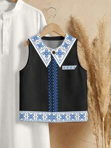 SHEIN 2件套男童经典阿拉伯传统长袍+背心，传统图案印花 - 彩色 - 查看 5