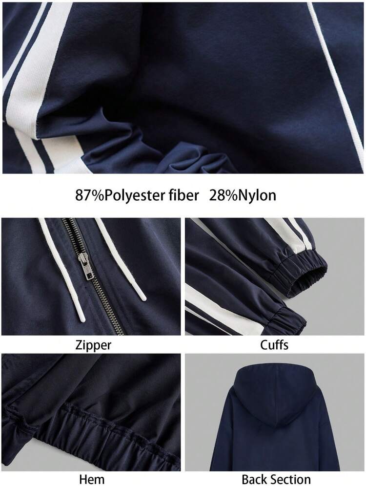 SHEIN Maija Women Navy Blue & White Striped Drop Shoulder Side Seam Front Zipper Decor Casual Jacket, Versatile All-Season Hooded Sweatshirt Hippie