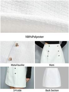 Maija Falda de línea A de cintura alta con botones decorativos de doble botonadura simétrica, versátil, casual, para la ciudad, Año Nuevo, cómoda, de tela de boucle color crema con botones de acento metálico, para el Día de San Valentín y festivales - Blanco - Ver 2