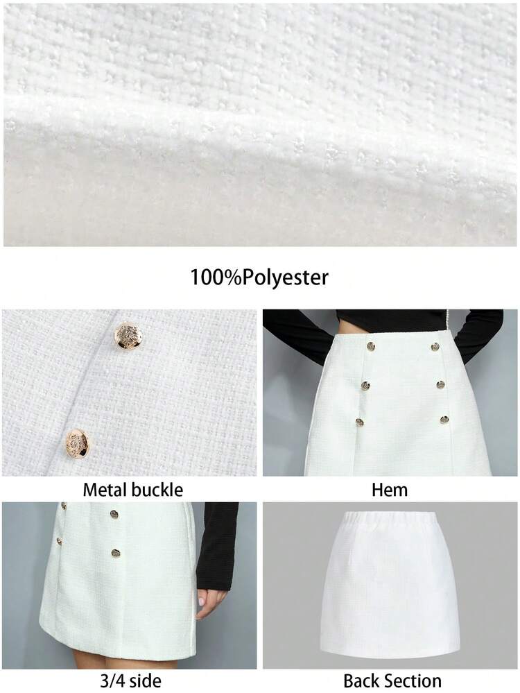 SHEIN Maija 여성 대칭 더블 브레스트 버튼 장식 다용도 캐주얼 시티 새해 편안한 에크루 부클 원단 메탈 악센트 버튼 하이 웨이스트 A라인 스커트 발렌타인 데이 축제