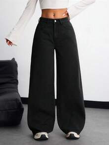 SHEIN ICON 大码女式休闲度假棕色无弹直筒牛仔裤 - 黑色 - 查看 1