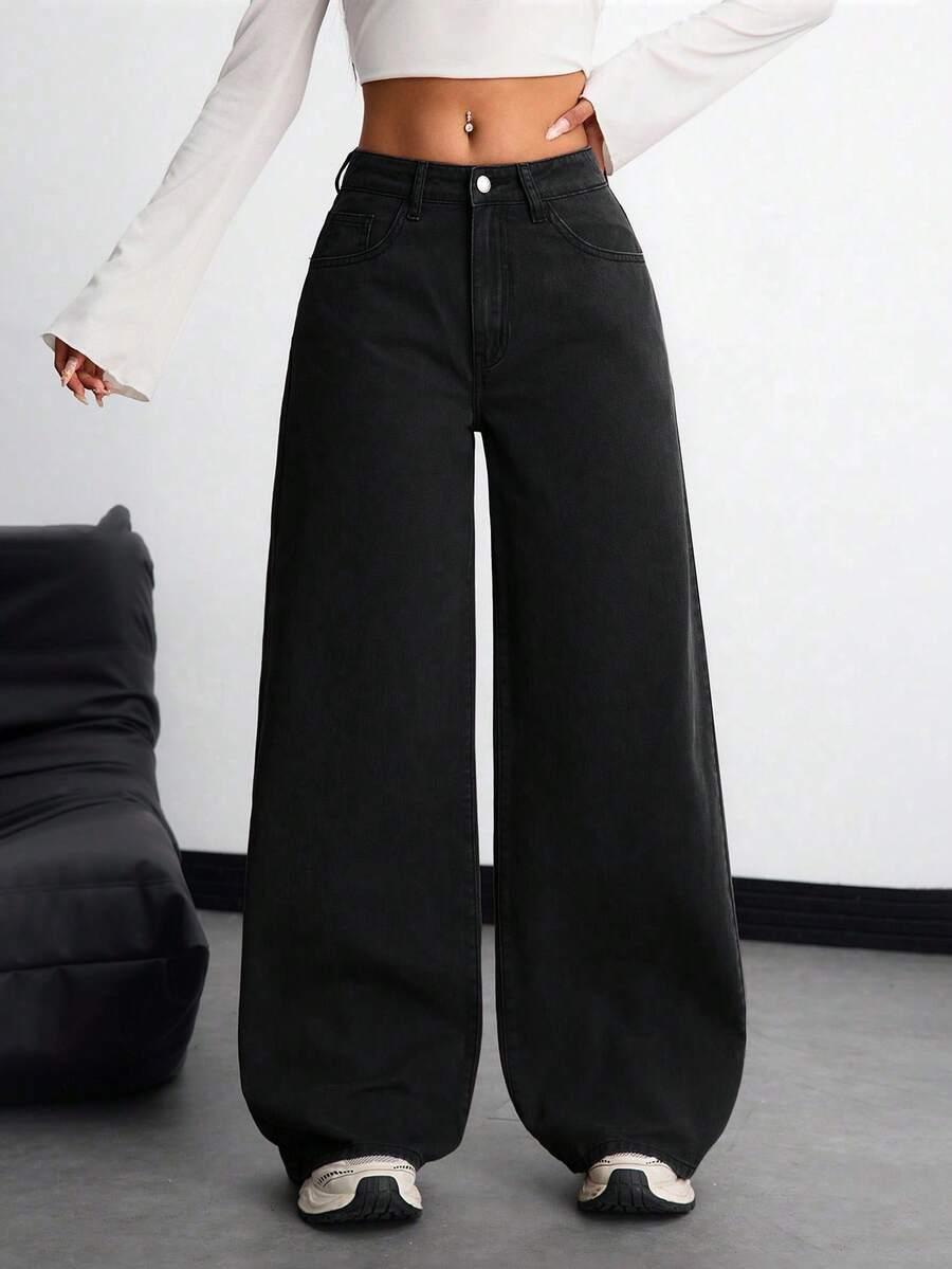 SHEIN ICON 大码女式休闲度假棕色无弹直筒牛仔裤 - 黑色 - 查看 1