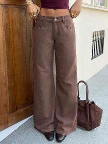 Siren Gaze Women's Low-Rise Wide-Leg Jeans With Studded Five-Pointed Star Pattern, Y2K Summer Casual, Music Festival. - Brown - View 6