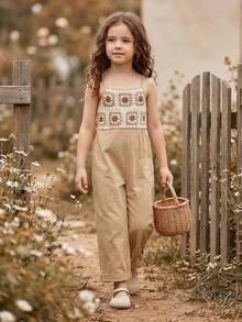 SHEIN Vintaside Kids Young Girls Vacation Casual Loose Jumpsuit 3D Floral Crochet Coffee Khaki Textured Straight-Leg Pants Casual Summer Holiday Vacation Everyday Wear Suitable For Beach Vacation Park Outing Daily Wear Holiday Gathering First Birthday Party Sightseeing Photoshoot Multiple Occasions Suitable For Spring Summer Wear - Apricot - View 8