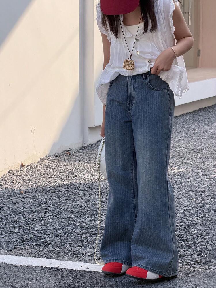 Tween Girls' Solid Color Slant Pocket Casual Versatile Flare Jeans