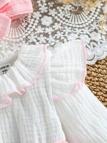 SHEIN Baby Girls' Pink Autumn Cute Matching Family Jumpsuit Double-Layer Ruffle Collar Long Sleeve Patchwork Bow Bodysuit With Detachable Headband Simple - Pink - View 4