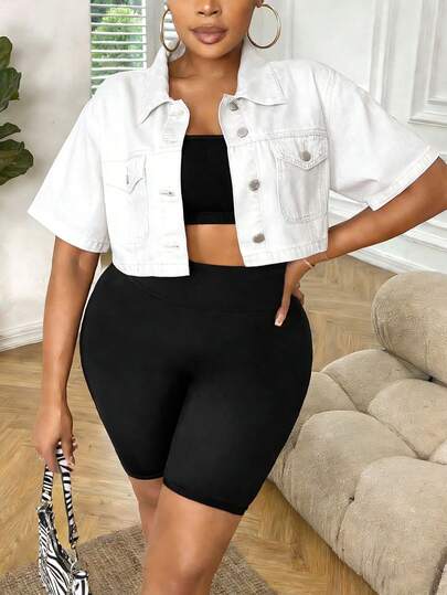 SHEIN CURVE+ Plus Size Women Blue Denim Lapel Short Sleeve Cropped Jacket