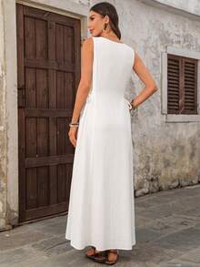 EMERY ROSE 女士休闲度假通勤纯色无袖侧打结连衣裙，简约百搭，夏季 - 白色 - 查看 2