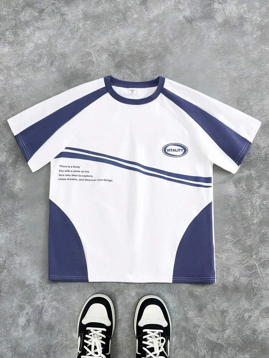 SHEIN 青少年男童休闲撞色圆领短袖T恤 - 霧霾藍 - 查看 1