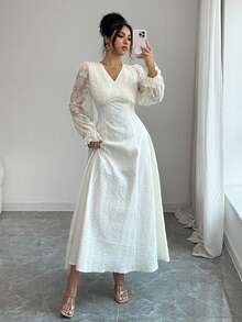 Modelyn Women's Apricot Woven Contrast Lace Elegant Cocktail Party Dress French Style Dress Elegant White Dress Lace Maxi Dress - Apricot - View 5
