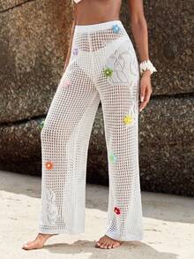Swim Vcay Women's Colorful 3D Floral Hollow Out Knitted Beach Cover Up Pants - White - View 4
