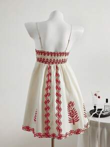 SHEIN Unity Đầm hai dây dáng chữ A rộng rãi, thắt eo, in họa tiết kỳ nghỉ hè. - Đỏ - Xem 2