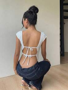 Aloruh Minimalist Daily Casual Square Neck Fitted Adjustable Tie-Back Cropped Shirt For Women White Elegant Top White Top Women Square Neck Tops - White - View 2