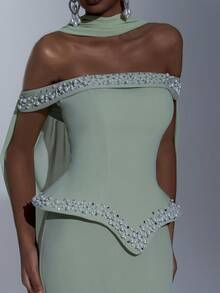 Elitara 优雅奢华的露肩美人鱼礼服，饰有大量串珠和水钻，配有缎带，适合婚礼、活动、派对、度假、晚宴和正式场合。 - 草綠色 - 查看 3